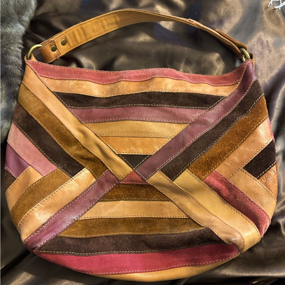 Lucky Brand Patchwork Handbag Vintage Suede Leather Shoulder Boho Hippie purse - Picture 2 of 8